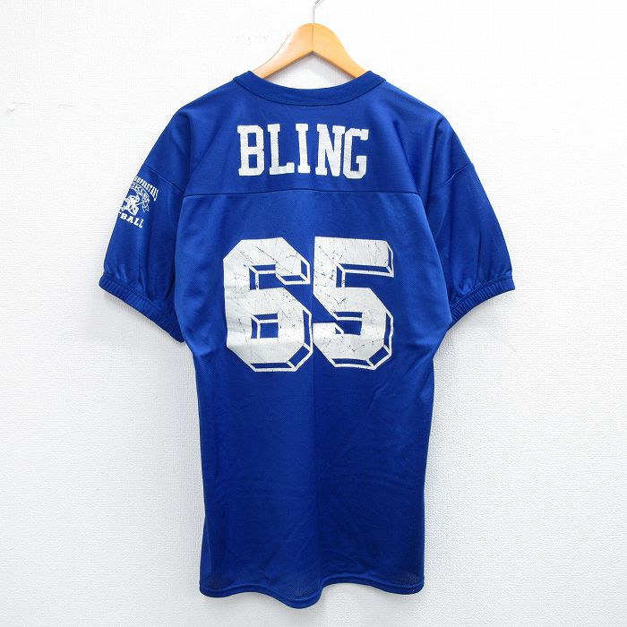 L★古着 マジェスティック 半袖 ビンテージ フットボール Tシャツ メンズ 90年代 90s SUPERSTARS BLING 65 メッシュ地 Vネック USA製 青 ブルー ゲームシャツ ユニフォーム 25jul25 中古