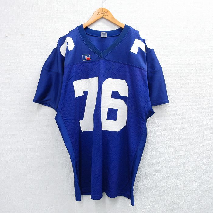 【50%OFF】XL★古着 ラッセル 半袖 ビンテージ フットボール Tシャツ メンズ 80年代 80s 76 メッシュ地 大きいサイズ ロング丈 Vネック USA製 青 ブルー ゲームシャツ ユニフォーム 【spe】 25jul25 中古