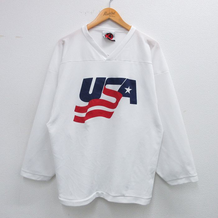 XL★古着 長袖 ビンテージ フットボール Tシャツ メンズ 90年代 90s USAロゴ Vネック USA製 白 ホワイト ゲームシャツ ユニフォーム 25jul25 中古