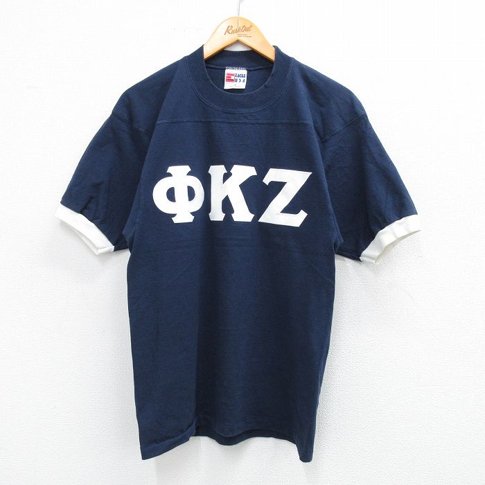 S★古着 半袖 ビンテージ フットボール Tシャツ メンズ 80年代 80s ギリシャ文字 コットン クルーネック USA製 紺 ネイビー 25jul25 中古