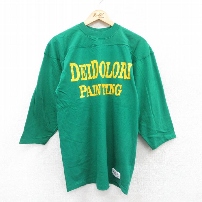 【50%OFF】M★古着 7分袖 ビンテージ フットボール Tシャツ メンズ 90年代 90s DEIDOLORI コットン クルーネック USA製 緑 グリーン 25jul25 中古 7分丈 七分丈 七分袖