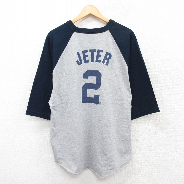 XL★古着 マジェスティック 7分袖 Tシャツ メンズ MLB ニューヨークヤンキース デレクジーター 2 ラグラン ツートンカラー クルーネック グレー 霜降り他 メジャーリーグ ベースボール 野球 25jul25 中古 7分丈 七分丈 七分袖