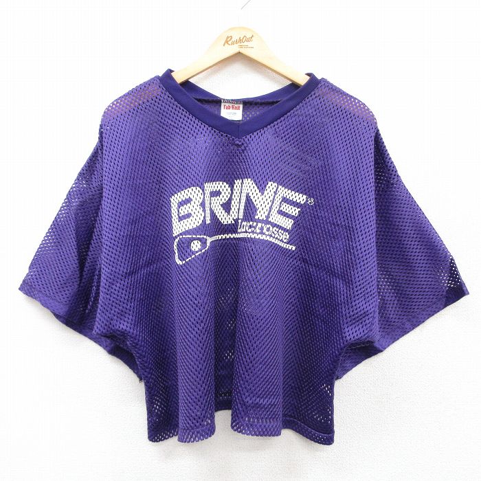 XL★古着 半袖 ビンテージ Tシャツ メンズ 90年代 90s BRINE ラクロス トップガン メッシュ地 大きいサイズ ショート丈 Vネック 紫 パープル 25jul25 中古