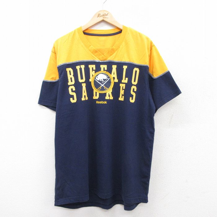 XL★古着 半袖 フットボール Tシャツ メンズ リーボック REEBOK NHL バッファローセイバーズ ツートンカラー Vネック 紺他 ネイビー アイスホッケー 25jul25 中古