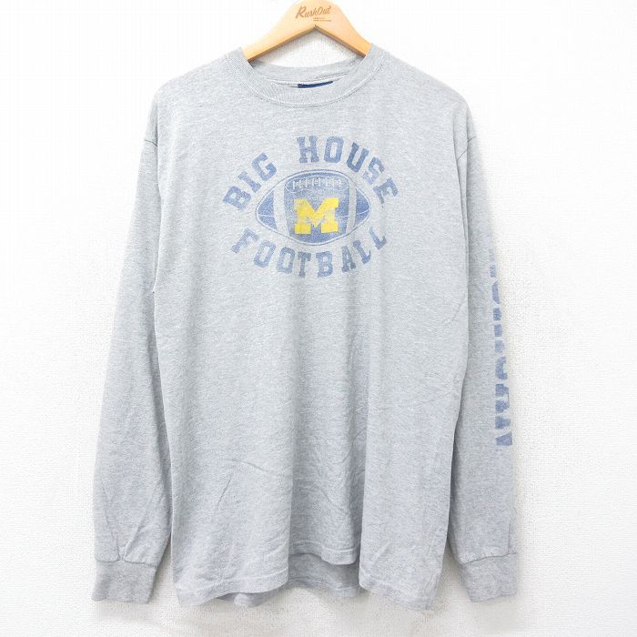 L★古着 長袖 ビンテージ Tシャツ メンズ 00年代 00s ミシガン フットボール クルーネック グレー 霜降り 25jul25 中古