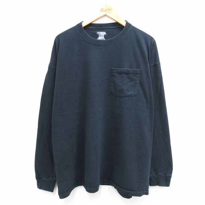 【20%OFF】XL★古着 ラッセル 長袖 Tシャツ メンズ 無地 胸ポケット付き 大きいサイズ クルーネック 黒 ブラック 25jul26 中古