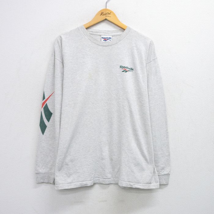 【50%OFF】XL★古着 リーボック REEBOK 長袖 ビンテージ Tシャツ メンズ 90年代 90s ビッグロゴ 大きいサイズ コットン クルーネック USA製 薄グレー 霜降り 【spe】 25jul26 中古