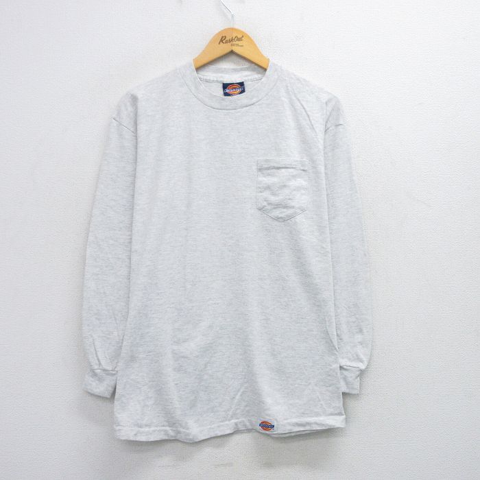 L★古着 ディッキーズ Dickies 長袖 ビンテージ Tシャツ メンズ 90年代 90s 無地 胸ポケット付き コットン クルーネック USA製 薄グレー 霜降り 25jul26 中古
