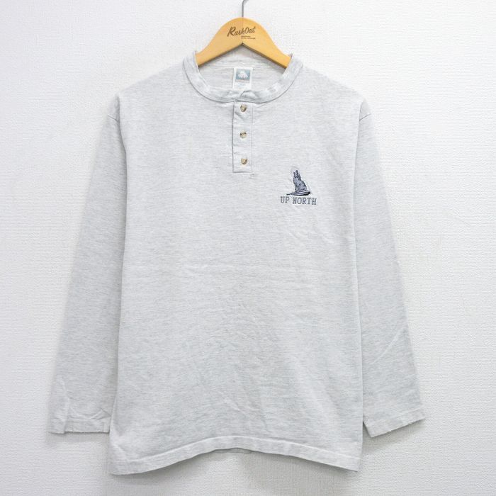 【50%OFF】L★古着 長袖 ビンテージ Tシャツ メンズ 90年代 90s オオカミ UP NORTH ヘンリーネック USA製 薄グレー 霜降り 25jul26 中古