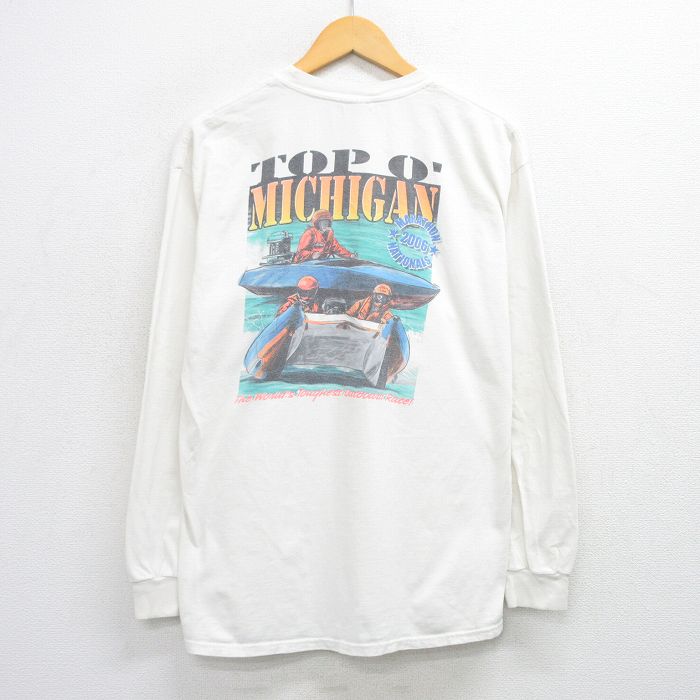 L★古着 ヘインズ Hanes 長袖 ビンテージ Tシャツ メンズ 00年代 00s ミシガン ボート コットン クルーネック 白 ホワイト 25jul26 中古