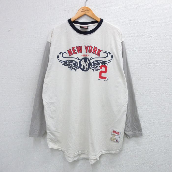 【50%OFF】XL★古着 長袖 ビンテージ Tシャツ メンズ 00年代 00s MLB ニューヨークヤンキース 大きいサイズ ロング丈 コットン クルーネック 白他 ホワイト メジャーリーグ ベースボール 野球 25jul28 中古