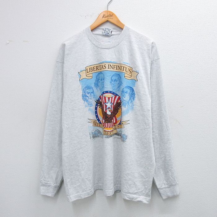XL★古着 長袖 ビンテージ Tシャツ メンズ 00年代 00s トーマスジェファーソン コットン クルーネック USA製 薄グレー 霜降り 25jul28 中古