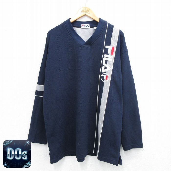 フィラ 00s 長袖Tシャツ ビッグロゴ刺繍 ネイビー XL | 古着