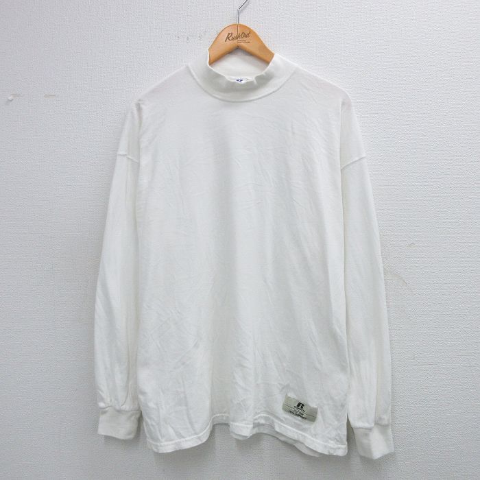 XL★古着 ラッセル 長袖 ビンテージ Tシャツ メンズ 00年代 00s 無地 大きいサイズ コットン モックネック ハイネック 白 ホワイト 25jul28 中古