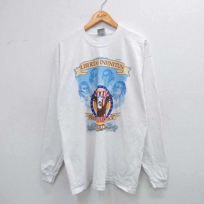 M★古着 長袖 ビンテージ Tシャツ メンズ 00年代 00s トーマスジェファーソン コットン クルーネック USA製 白 ホワイト 25jul28 中古