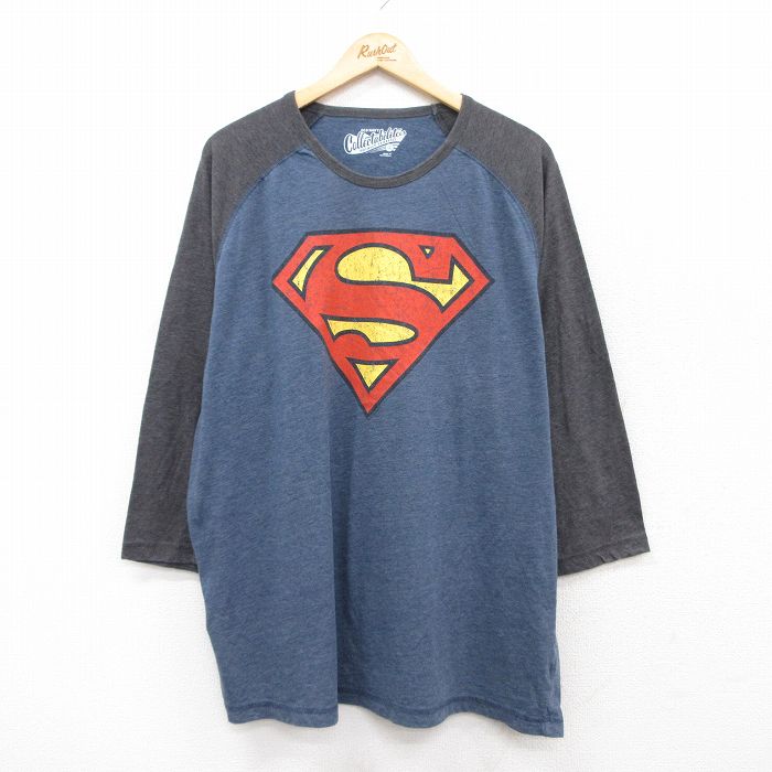 XL★古着 オールドネイビー OLD NAVY 7分袖 Tシャツ メンズ DCコミックス スーパーマン ツートンカラー ラグラン ロング丈 大きいサイズ クルーネック 紺 ネイビー 霜降り他 【spe】 25jul29 中古 7分丈 七分丈 七分袖