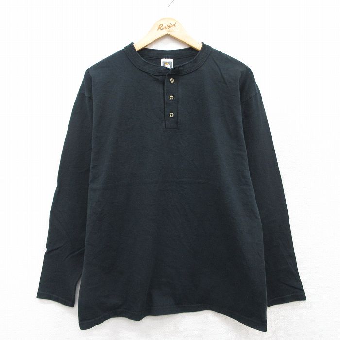 XL★古着 長袖 ビンテージ Tシャツ メンズ 90年代 90s 無地 コットン ヘンリーネック 黒 ブラック 25jul29 中古