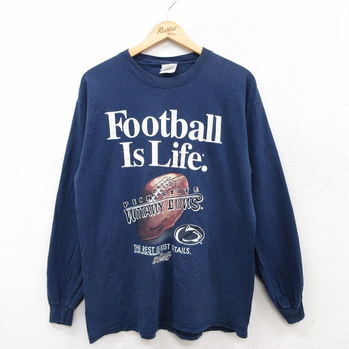 【50%OFF】XL★古着 長袖 ビンテージ Tシャツ メンズ 00年代 00s ペンステートニタニーライオンズ フットボール コットン クルーネック 紺 ネイビー 25jul29 中古