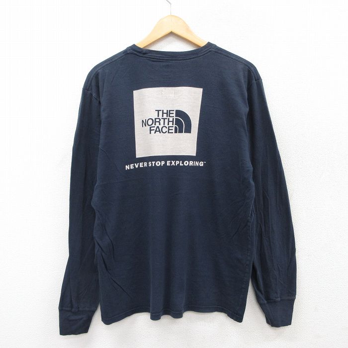 XL★古着 ノースフェイス THE NORTH FACE 長袖 Tシャツ メンズ ビッグロゴ コットン クルーネック 紺 ネイビー 25jul29 中古