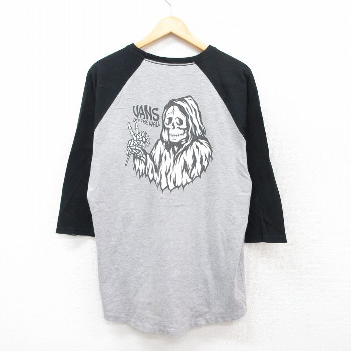 L★古着 バンズ VANS 7分袖 Tシャツ メンズ スケルトン ラグラン ツートンカラー クルーネック グレー 霜降り他 25jul29 中古 7分丈 七分丈 七分袖