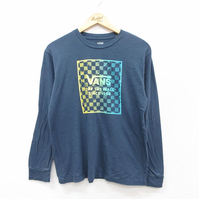 【20%OFF】L★古着 バンズ VANS 長袖 Tシャツ メンズ ビッグロゴ コットン クルーネック 紺 ネイビー 25jul29 中古