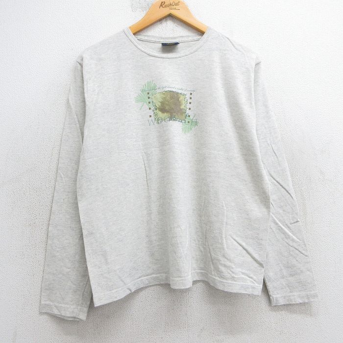 【50%OFF】L★古着 ウールリッチ WOOLRICH 長袖 ビンテージ Tシャツ メンズ 90年代 90s ビッグロゴ 葉 コットン クルーネック USA製 薄グレー 霜降り 【spe】 25jul29 中古