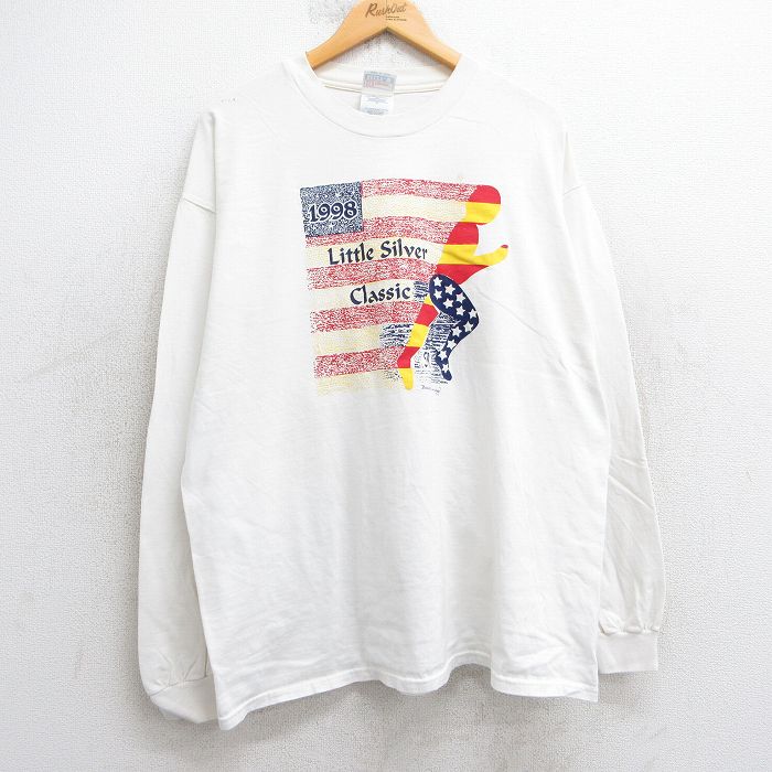 【20%OFF】XL★古着 ヘインズ Hanes 長袖 ビンテージ Tシャツ メンズ 90年代 90s 星条旗 マラソン コットン クルーネック 白 ホワイト 25jul29 中古