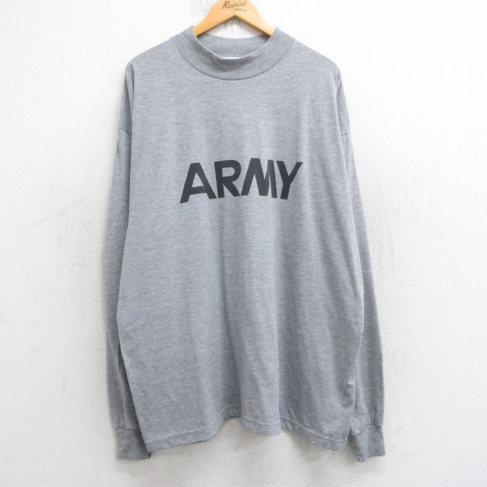 XL★古着 長袖 ビンテージ Tシャツ メンズ 90年代 90s ミリタリー アーミー ARMY リフレクター 大きいサイズ ロング丈 ハイネック モックネック USA製 グレー 霜降り 25jul29 中古