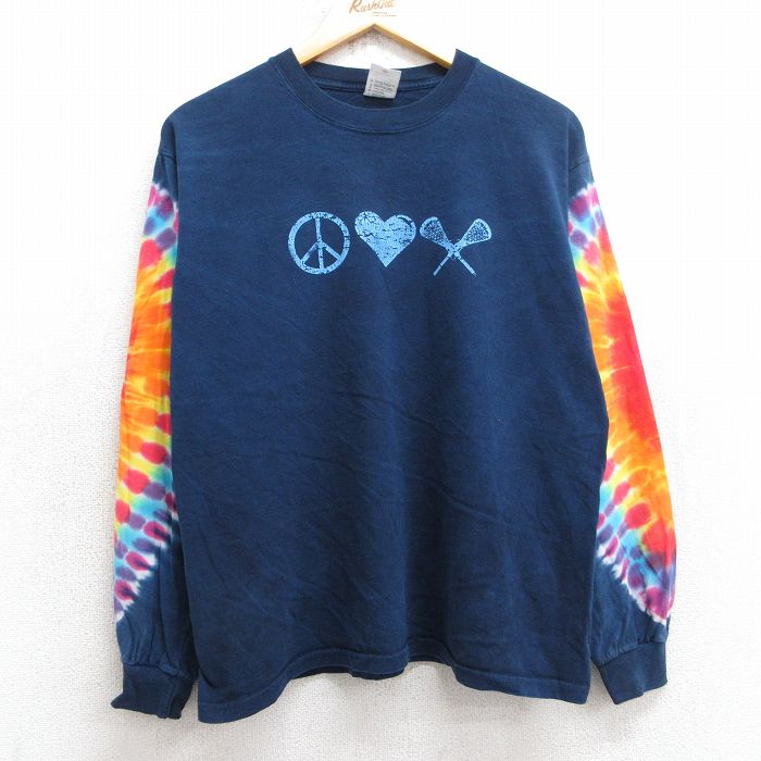 L★古着 長袖 ビンテージ Tシャツ メンズ 00年代 00s ラクロス ハート ピースマーク コットン クルーネック 紺他 ネイビー タイダイ 25jul30 中古