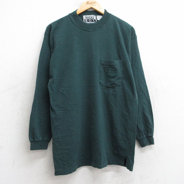L★古着 ビューグルボーイ 長袖 ビンテージ Tシャツ メンズ 90年代 90s ワンポイントロゴ 胸ポケット付き コットン モックネック ハイネック 緑 グリーン 25jul30 中古