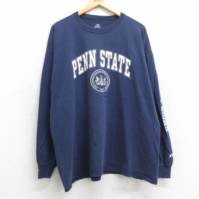 【20%OFF】XL★古着 ラッセル 長袖 Tシャツ メンズ ペンシルベニア カレッジ 大きいサイズ コットン クルーネック 紺 ネイビー 25jul30 中古