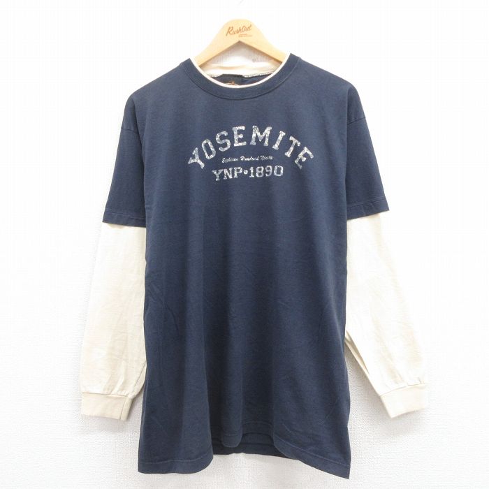【50%OFF】L★古着 長袖 ビンテージ Tシャツ メンズ 90年代 90s ヨセミテ ツートンカラー USA製 紺 ネイビー 25jul29 中古