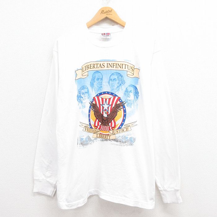 【20%OFF】L★古着 長袖 ビンテージ Tシャツ メンズ 00年代 00s トーマスジェファーソン コットン クルーネック USA製 白 ホワイト 25jul29 中古