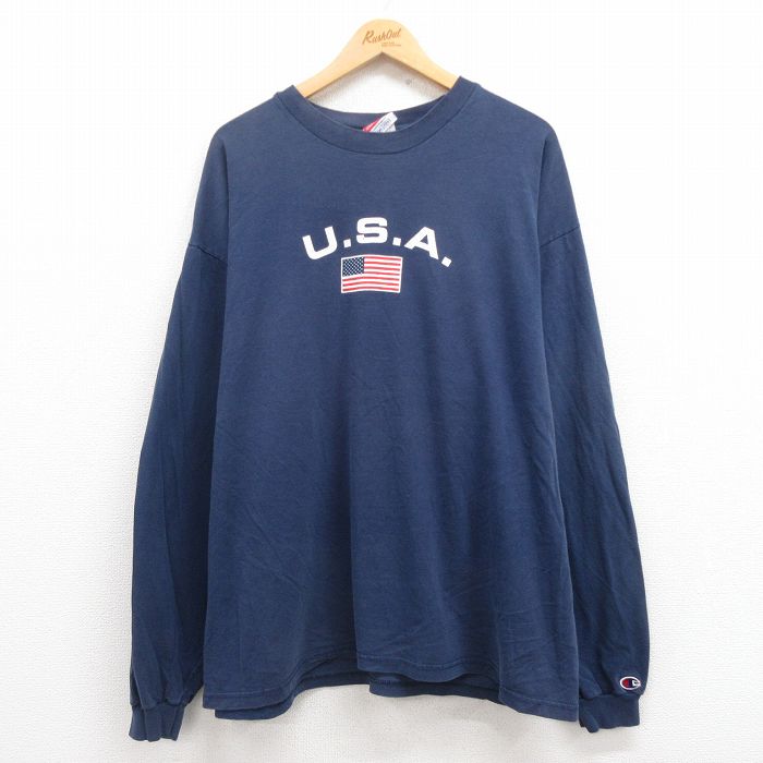 XL★古着 チャンピオン Champion 長袖 ビンテージ Tシャツ メンズ 00年代 00s USAロゴ 大きいサイズ コットン クルーネック 紺 ネイビー 25jul29 中古
