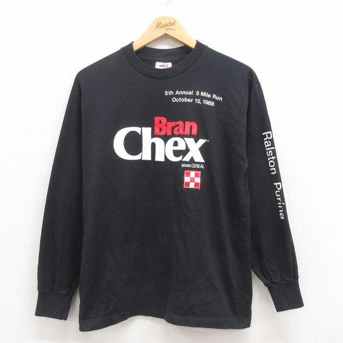 M★古着 長袖 ビンテージ Tシャツ メンズ 80年代 80s Chex クルーネック USA製 黒 ブラック 25jul29 中古