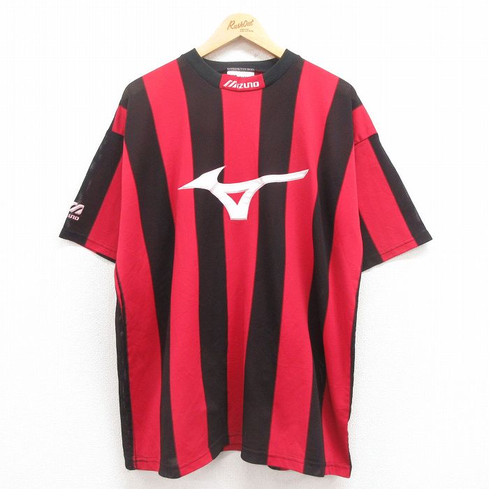 XL★古着 ミズノ 半袖 ビンテージ Tシャツ メンズ 90年代 90s ビッグロゴ 大きいサイズ メッシュ地 クルーネック イギリス製 赤他 レッド ストライプ 25jul29 中古