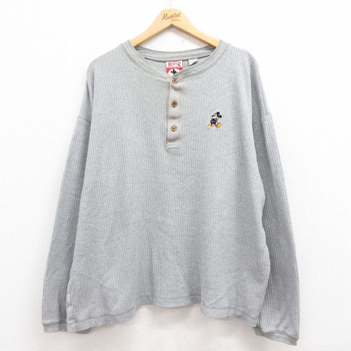 XL★古着 長袖 ビンテージ Tシャツ メンズ 90年代 90s ディズニー DISNEY ミッキー MICKEY MOUSE 大きいサイズ ヘンリーネック グレー 霜降り 25jul29 中古