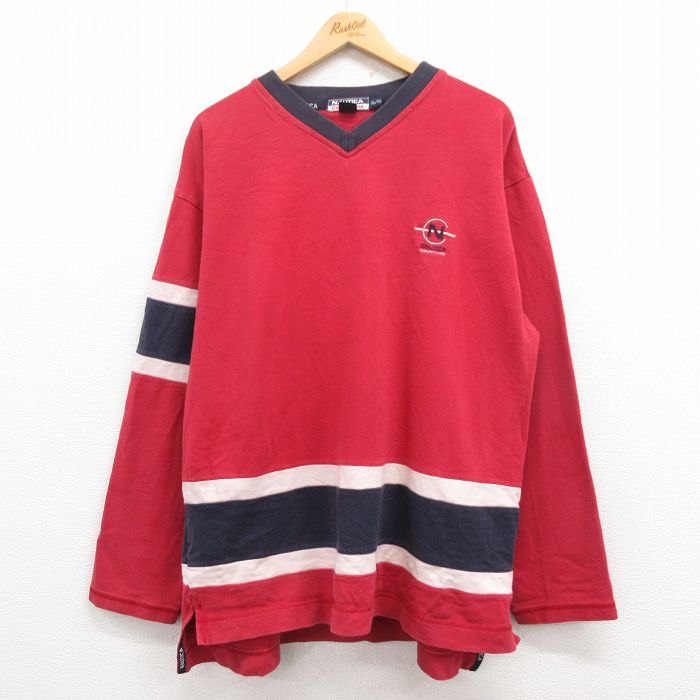 【50%OFF】XL★古着 ノーティカ NAUTICA 長袖 ブランド Tシャツ メンズ 00年代 00s ワンポイントロゴ コンペティション 大きいサイズ コットン Vネック 赤 レッド 25jul29 中古
