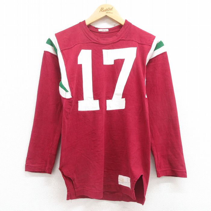 XS★古着 ラッセル 長袖 ビンテージ フットボール Tシャツ メンズ 70年代 70s 17 クルーネック エンジ 25jul30 中古