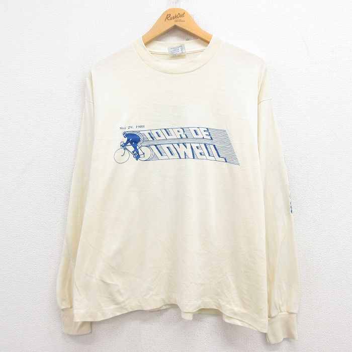 L★古着 長袖 ビンテージ Tシャツ メンズ 80年代 80s 自転車 クルーネック USA製 薄ベージュ カーキ 25jul30 中古