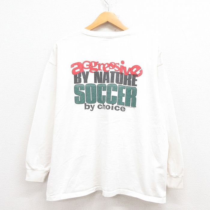 XL★古着 長袖 ビンテージ Tシャツ メンズ 90年代 90s サッカー 大きいサイズ コットン クルーネック USA製 白 ホワイト 25jul30 中古