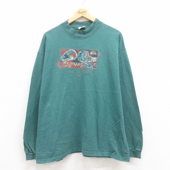 XL★古着 長袖 ビンテージ Tシャツ メンズ 00年代 00s アラスカ 大きいサイズ コットン モックネック ハイネック 緑 グリーン 25jul30 中古