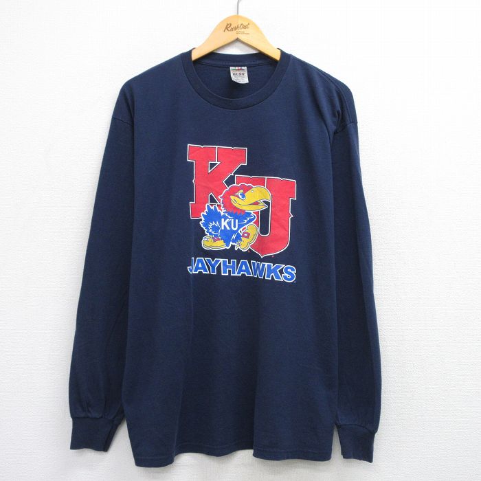 XL★古着 フルーツオブザルーム 長袖 ビンテージ Tシャツ メンズ 00年代 00s カンザスジェイホークス 大きいサイズ クルーネック 紺 ネイビー 25jul30 中古