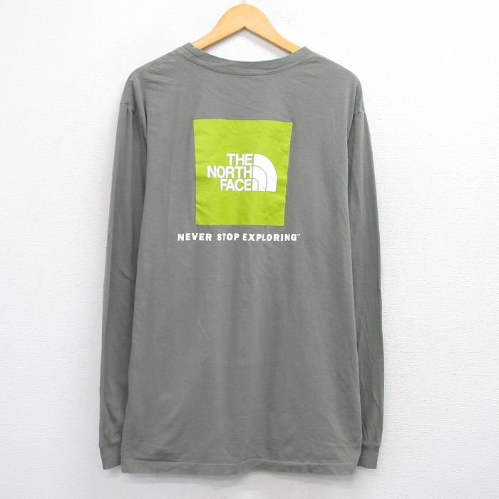 XL★古着 ノースフェイス THE NORTH FACE 長袖 Tシャツ メンズ ビッグロゴ コットン クルーネック 濃緑 グリーン 25jul30 中古