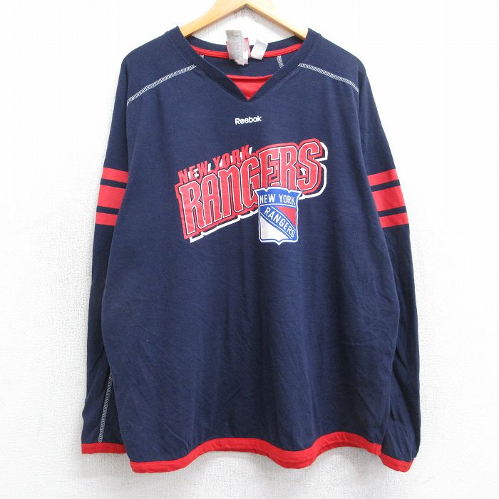 【50%OFF】XL★古着 リーボック REEBOK 長袖 ビンテージ Tシャツ メンズ 00年代 00s NHL ニューヨークレンジャーズ ラグラン 大きいサイズ Vネック 紺 ネイビー アイスホッケー 25jul31 中古