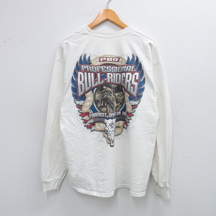 XL★古着 長袖 Tシャツ メンズ BULL RIDERS 大きいサイズ コットン クルーネック 白 ホワイト 25aug02 中古