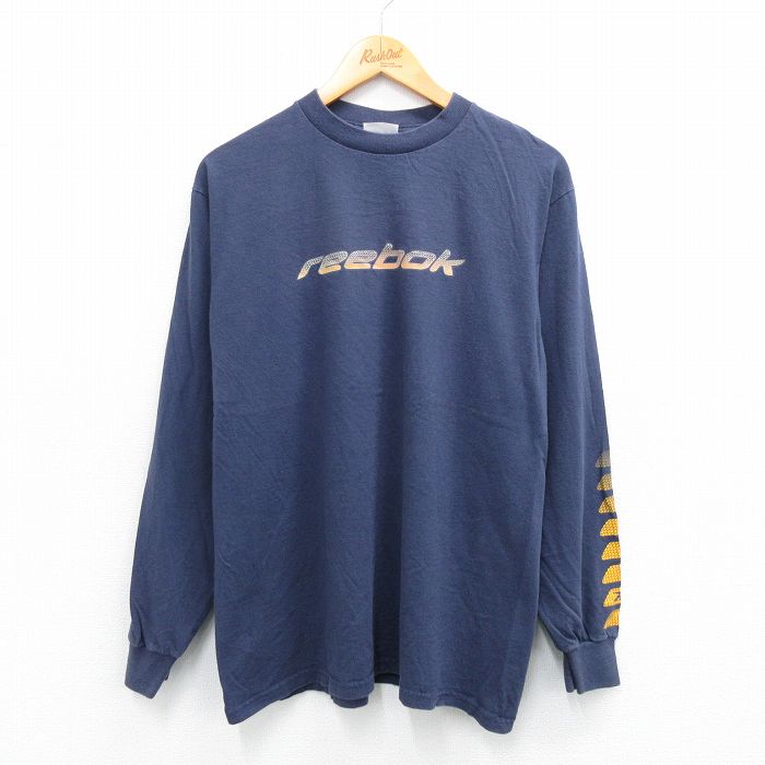 L★古着 リーボック REEBOK 長袖 ビンテージ Tシャツ メンズ 00年代 00s ビッグロゴ コットン クルーネック 紺 ネイビー 【spe】 25aug02 中古
