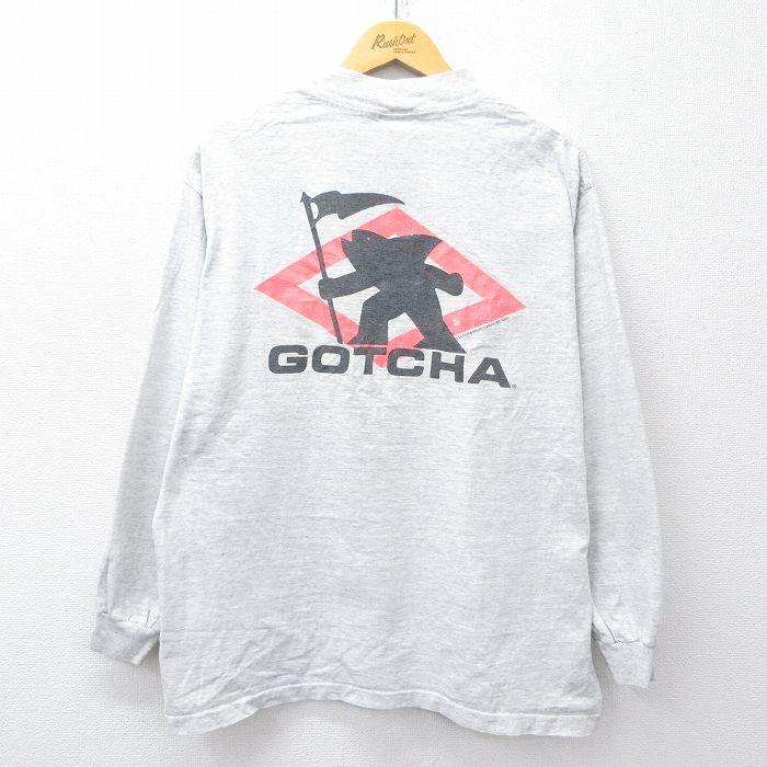 XL★古着 ガッチャ GOTHA 長袖 ビンテージ Tシャツ メンズ 90年代 90s ビッグロゴ コットン モックネック ハイネック USA製 薄グレー 霜降り 【spe】 25aug04 中古