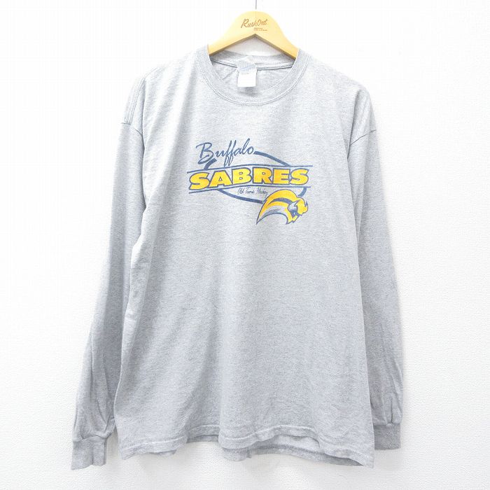 XL★古着 長袖 ビンテージ Tシャツ メンズ 00年代 00s NHL バッファローセイバーズ 大きいサイズ クルーネック 薄グレー 霜降り アイスホッケー 25aug04 中古
