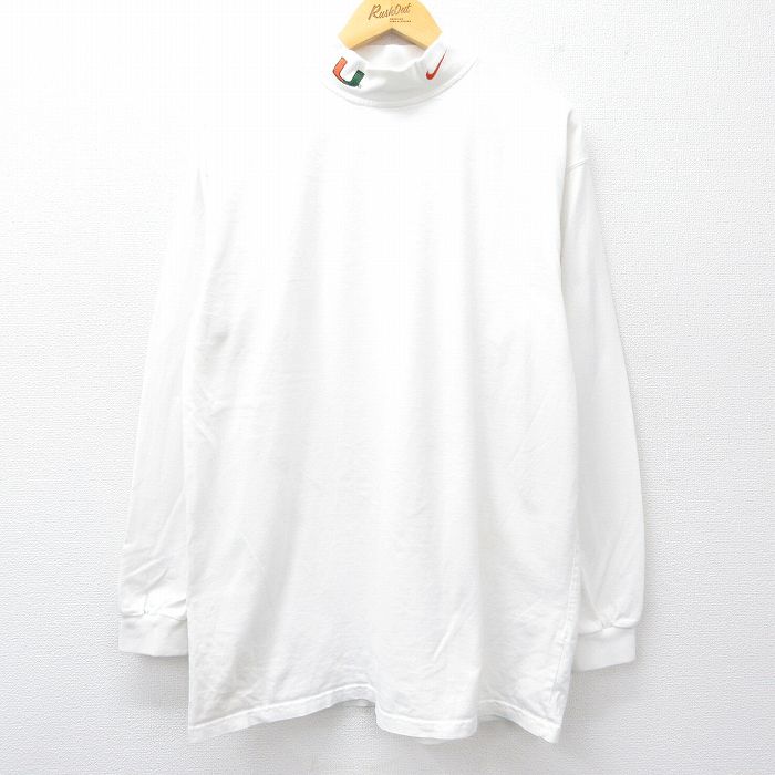 XL★古着 ナイキ NIKE 長袖 ビンテージ Tシャツ メンズ 00年代 00s ワンポイントロゴ マイアミハリケーンズ コットン モックネック ハイネック カナダ製 白 ホワイト 25aug04 中古